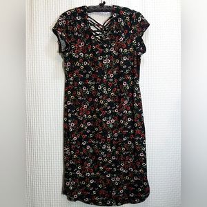 RED, PINK & YELLOW FLOWERS ON BLACK DRESS CROSS WOVEN BACK PLUS SIZE XXL/2XG 19